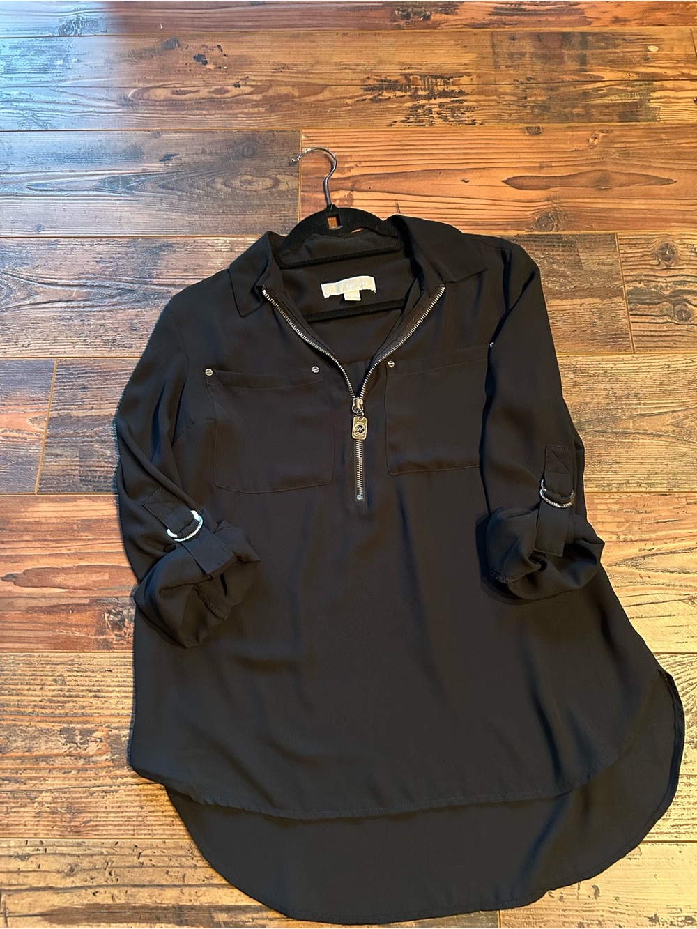 Michael Kors Black Zip-Front Roll-Tab Tunic Blouse